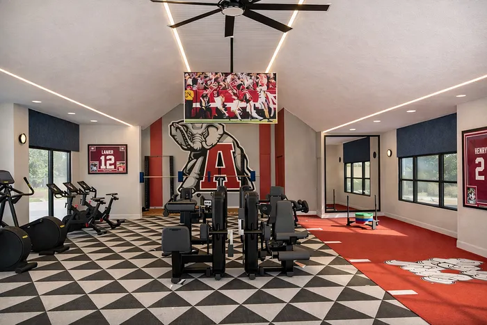 Modern fitness center with sleek gym equipment, vibrant wall art, and luxurious design elements.