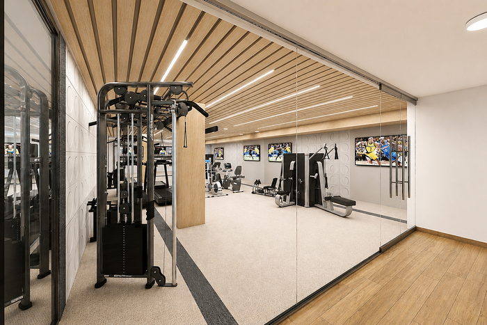 Sleek state-of-the-art fitness center featuring modern gym equipment, stylish wooden accents, and vibrant sports decor.