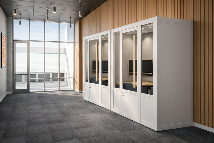 Elegant office space with modern glass-enclosed meeting pods and floor-to-ceiling windows offering natural light.