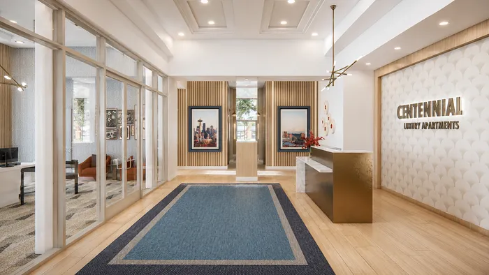 Elegant lobby of Centennial Luxury Apartments featuring modern decor with stylish lighting, chic artworks, and a sleek reception area.