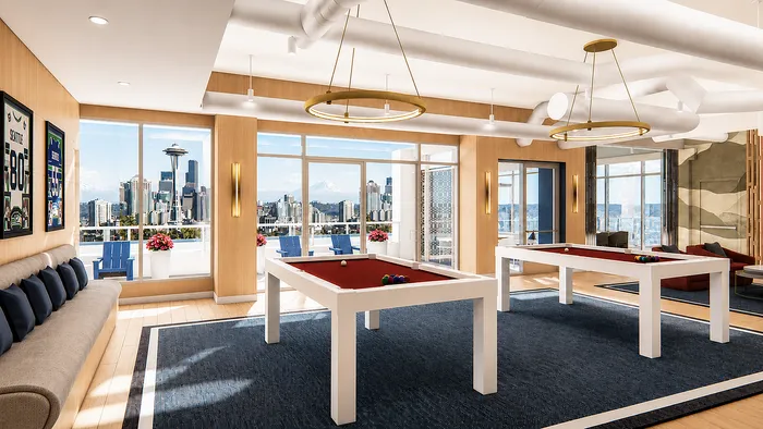 Stylish game room with modern pool tables, elegant lighting, and panoramic city skyline views through expansive windows.