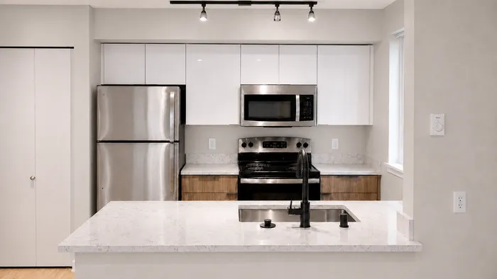 Modern kitchen with stainless steel appliances, sleek cabinetry, and marble countertops, offering a stylish and functional space.