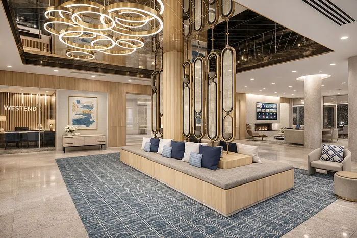 Luxurious lobby with modern seating, elegant lighting, and stylish decor at a premium apartment complex.