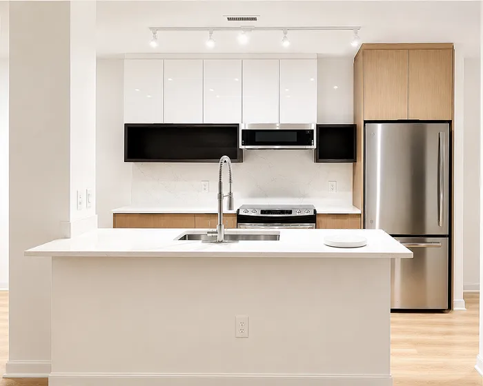 Modern kitchen with sleek cabinetry, stainless steel appliances, and elegant marble countertops.