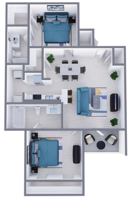 B1 Renovated floor plan featuring 2 bedrooms 2 bathrooms