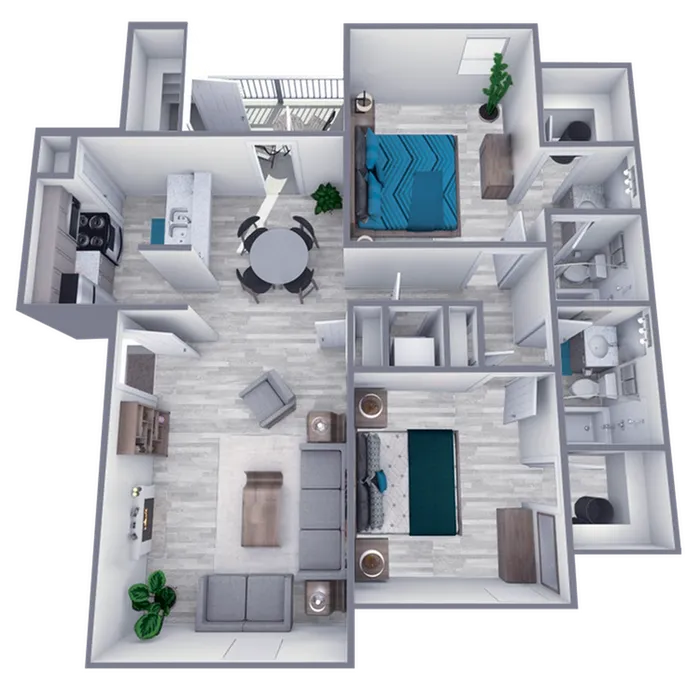 B1 Renovated floor plan featuring 2 bedrooms 2 bathrooms