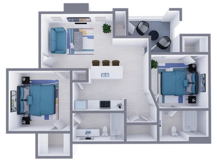 B1 Renovated floor plan featuring 2 bedrooms 2 bathrooms