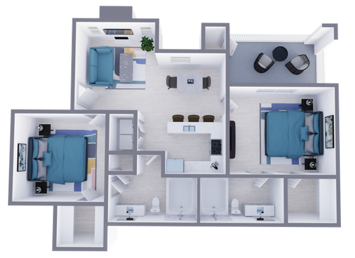 B2 Renovated floor plan featuring 2 bedrooms 2 bathrooms