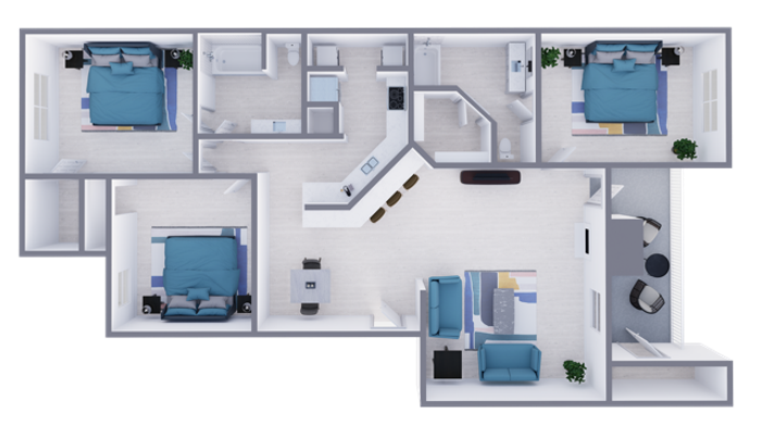 C1 Renovated floor plan featuring 3 bedrooms 2 bathrooms