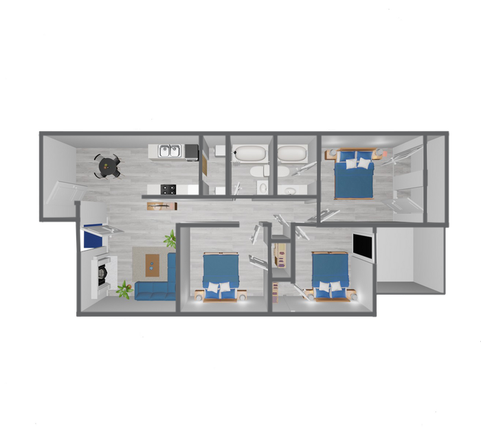 C1 Classic floor plan featuring 3 bedrooms 2 bathrooms