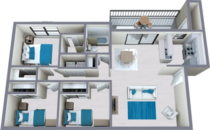 C1 Renovated floor plan featuring 3 bedrooms 2 bathrooms