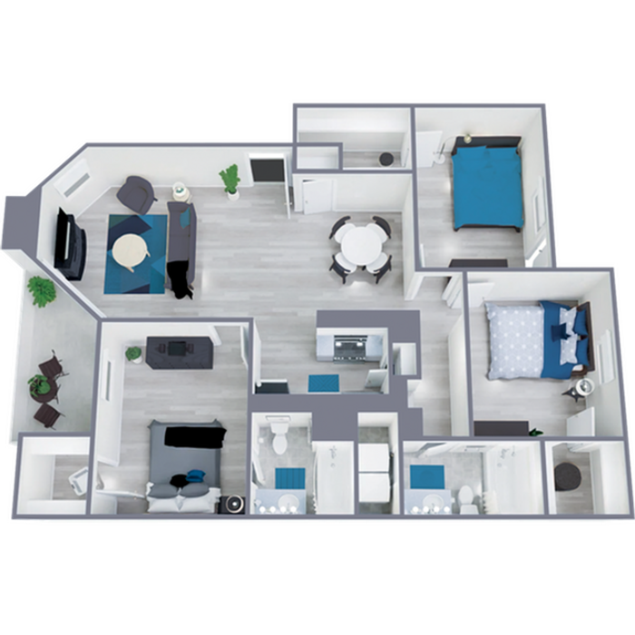 C1 Classic floor plan featuring 3 bedrooms 2 bathrooms