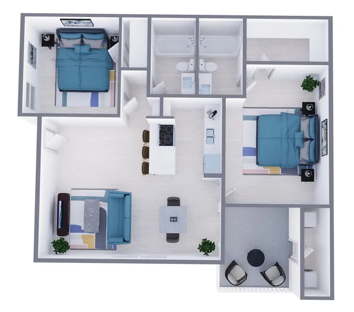 B1 Renovated floor plan featuring 2 bedrooms 2 bathrooms