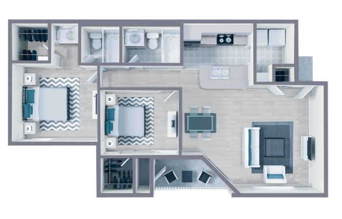 B1 Platinum floor plan featuring 2 bedrooms 2 bathrooms