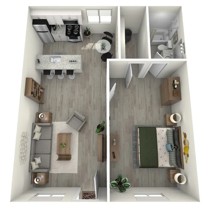 A2 Upgrade floor plan featuring 1 bedroom 1 bathroom