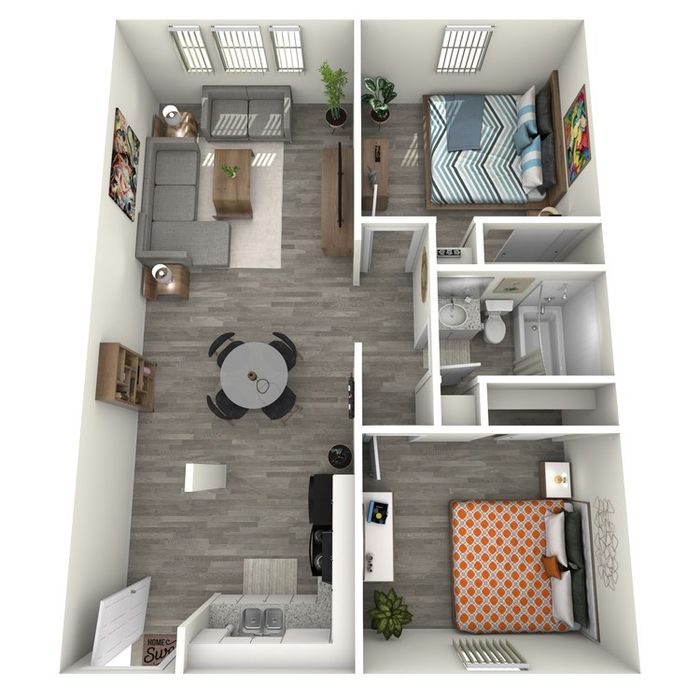 B1 Renovated floor plan featuring 2 bedrooms 1 bathroom