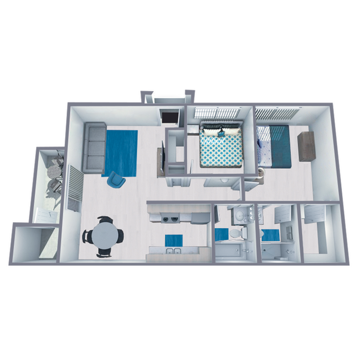 B1 Renovated floor plan featuring 2 bedrooms 2 bathrooms
