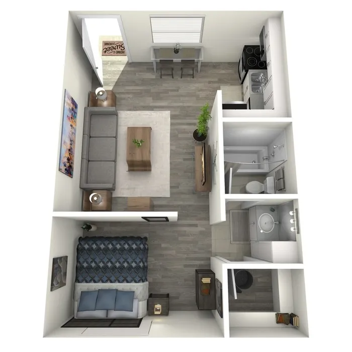 A1 Renovated floor plan featuring 1 bedroom 1 bathroom
