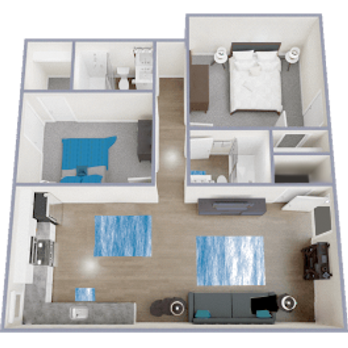 B2 Renovated floor plan featuring 2 bedrooms 2 bathrooms