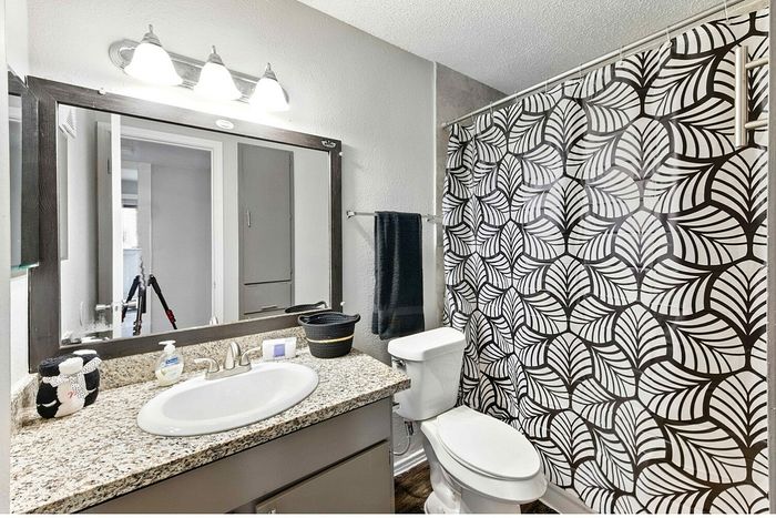 Elegant bathroom boasting a granite countertop with modern sink, stylish monochrome patterned shower curtain, and bright lighting, creating a luxurious and inviting space.
