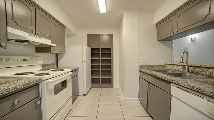 Modern kitchen with sleek granite countertops, spacious cabinetry for ample storage, and stainless steel double sink, offering a functional and stylish cooking space.
