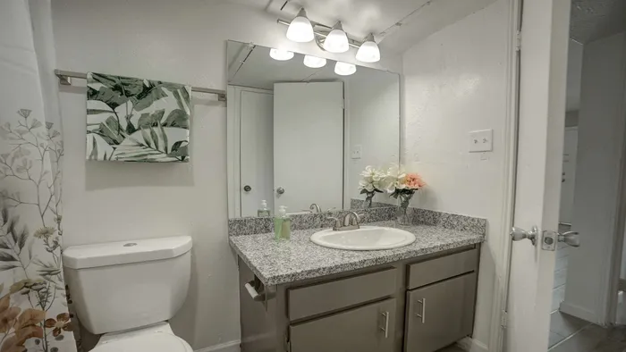 Modern bathroom with elegant granite countertop, stylish lighting, and floral accents creating a fresh, inviting atmosphere.