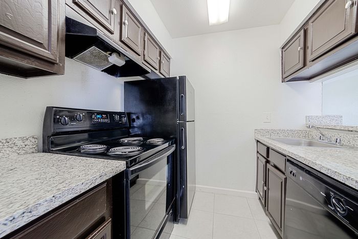 Contemporary kitchen with sleek black appliances, granite countertops, and ample cabinet space for modern living.