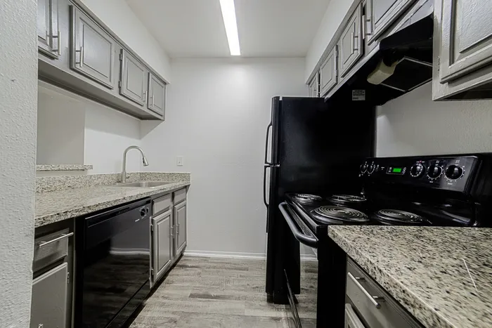 Modern kitchen with sleek granite countertops, elegant gray cabinetry, and a black stove and dishwasher for a stylish look.