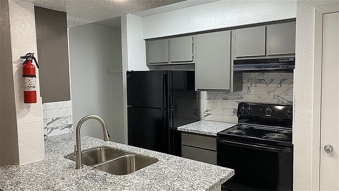 Modern kitchen with sleek granite countertops, dual sinks, and stylish black appliances, complemented by minimalist gray cabinetry.