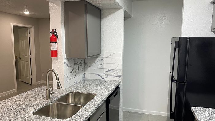 Modern kitchen with sleek granite countertops, stainless steel sink, and contemporary cabinetry, perfect for stylish living.