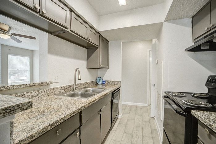 Modern kitchen with sleek granite countertops, double sink, and ample cabinetry, featuring bright natural light and contemporary appliances.