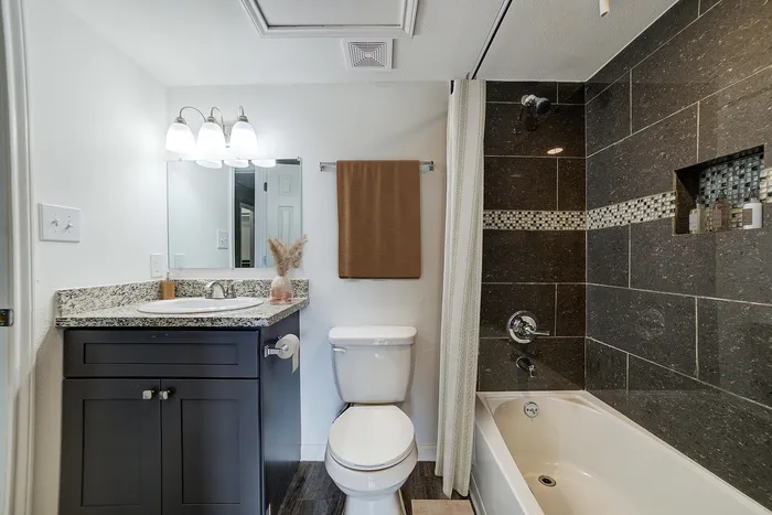 Chic bathroom featuring modern fixtures, granite countertop, and elegant dark tile work around the bathtub.