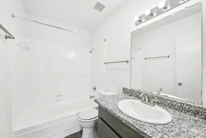 Sleek modern bathroom featuring a granite countertop, large mirror, and pristine bathtub for a luxurious experience.