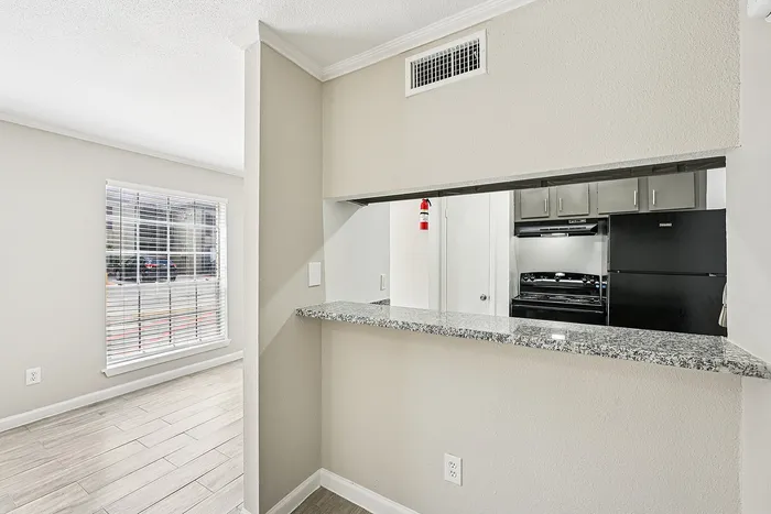 Charming apartment kitchen with granite countertop pass-through, elegant tile flooring, and ample natural light.