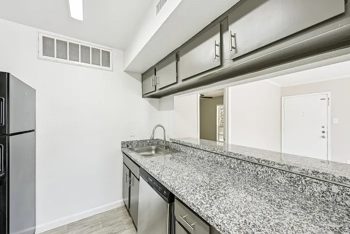 Elegant kitchen with sleek granite countertops, modern stainless steel appliances, and ample cabinetry.