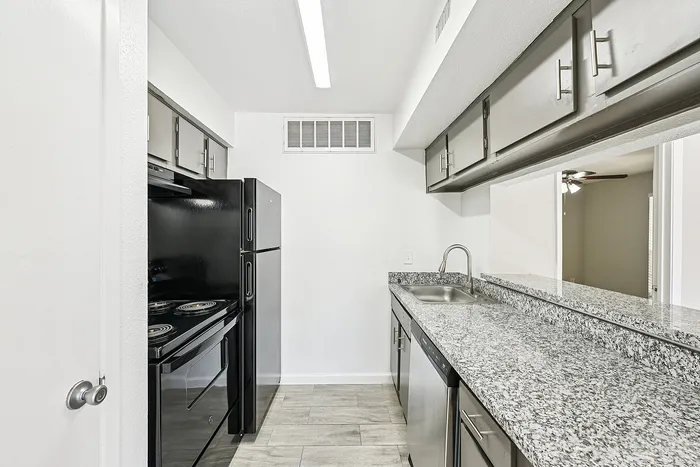 Contemporary kitchen with sleek granite countertops, stainless steel double sink, and modern black appliances offering a sophisticated touch.