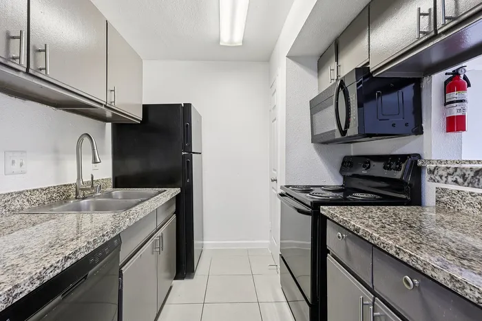 Modern kitchen with sleek granite countertops, stainless steel appliances, and ample cabinet space.