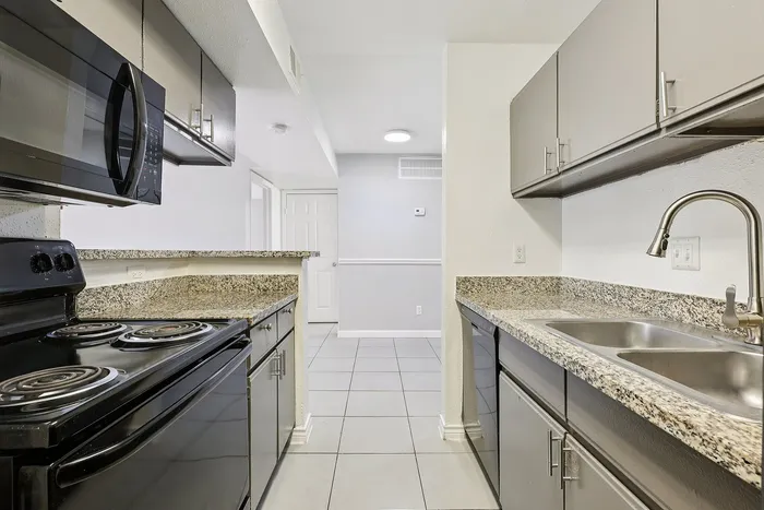 Modern kitchen with sleek black appliances, granite countertops, and ample cabinetry in a bright apartment setting.