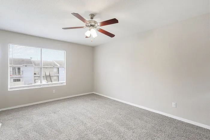 Bright and airy bedroom with plush carpeting, ceiling fan, and large window offering natural light.