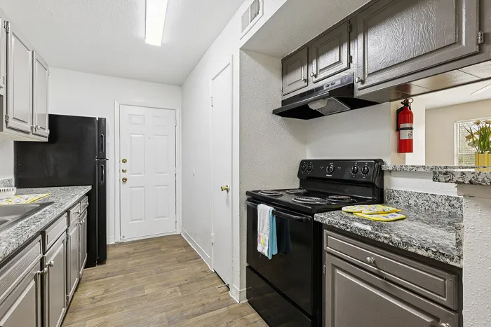 Modern kitchen with sleek granite countertops, dark appliances, and stylish cabinetry, complemented by warm wooden flooring.
