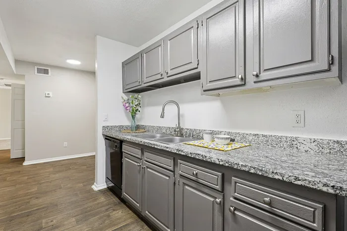 Modern kitchen with sleek gray cabinets, granite countertops, and elegant wood flooring, featuring stainless steel appliances and stylish decor.
