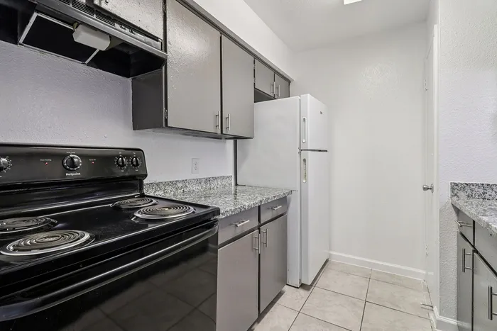 Contemporary kitchen with sleek granite countertops, modern appliances, and stylish cabinetry.