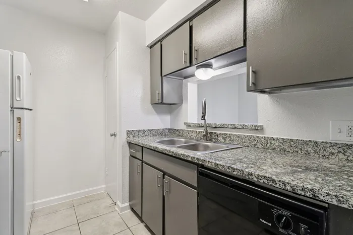 Modern kitchen with sleek granite countertops, ample dark cabinetry, and convenient double sink layout.