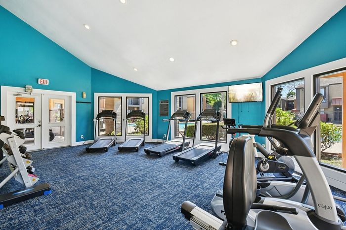 Bright and modern apartment gym featuring sleek treadmills, exercise bikes, and large windows offering a scenic view.