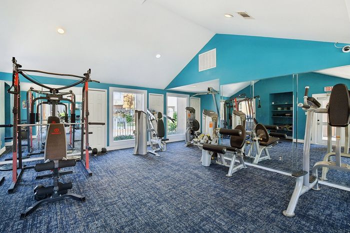 Modern fitness center with state-of-the-art gym equipment, vibrant blue walls, and full-length mirrors.