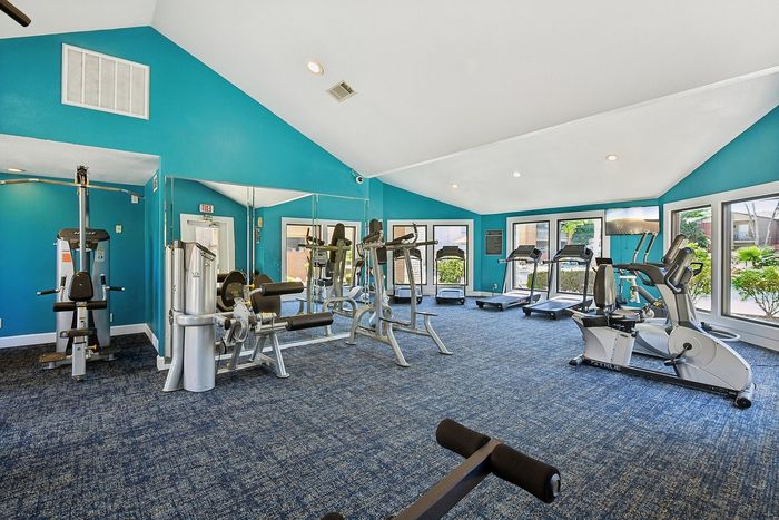 Bright and modern fitness center featuring state-of-the-art exercise equipment, vibrant teal walls, and large windows offering garden views.