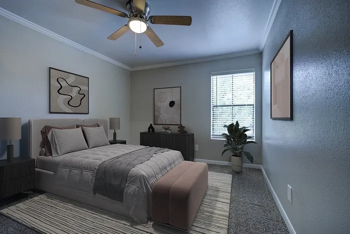 Elegant bedroom with modern decor, featuring a cozy bed, stylish artwork, and a large window for natural light.