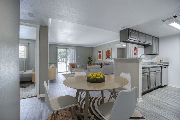 Modern open-plan apartment featuring sleek kitchen with granite countertops, cozy dining area, and bright living room with elegant decor.