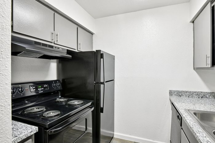 Modern kitchen with sleek black appliances, granite countertops, and ample cabinet space, ideal for culinary enthusiasts.