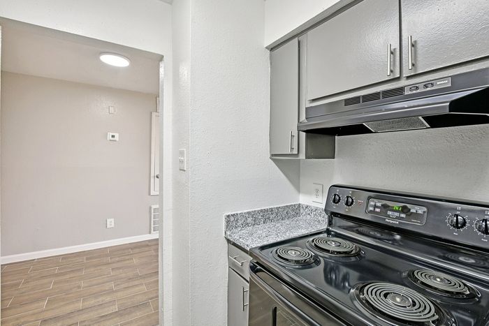 Modern kitchen with sleek gray cabinetry, granite countertops, and electric stovetop adjacent to a stylish open living area with wood-look tile flooring.
